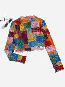 SHEIN EZwear Lettuce Trim Patchwork Print Mesh Top - Multicolor - View 1