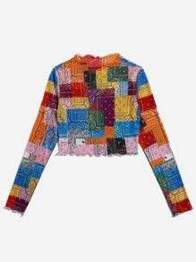 SHEIN EZwear Lettuce Trim Patchwork Print Mesh Top - Multicolor - View 2