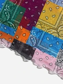 SHEIN EZwear Lettuce Trim Patchwork Print Mesh Top - Multicolor - View 4