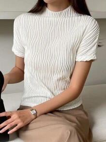 DAZY 紋理高領t卹 - 米色 - 查看 4