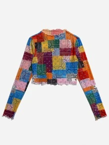 SHEIN EZwear Lettuce Trim Patchwork Print Mesh Top - Multicolor - View 6