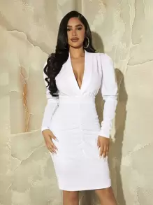 SHEIN SXY Solid Plunge Neck Ruched Bodycon Dress - White - View 1