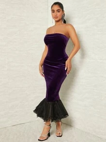 SHEIN SXY 網紗拼接魚尾裙下擺絲絨抹胸連衣裙 - 紫色 - 查看 1