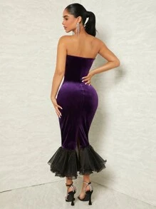 SHEIN SXY 網紗拼接魚尾裙下擺絲絨抹胸連衣裙 - 紫色 - 查看 2