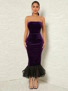 SHEIN SXY 網紗拼接魚尾裙下擺絲絨抹胸連衣裙 - 紫色 - 查看 3