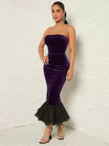 SHEIN SXY 網紗拼接魚尾裙下擺絲絨抹胸連衣裙 - 紫色 - 查看 4