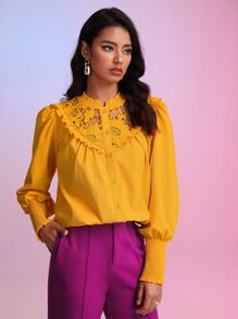 SHEIN Unity Áo sơ mi nữ Nút phía trước Tương phản ren viền lá sen Dải chun màu trơn Thanh lịch - Màu vàng - Xem 2