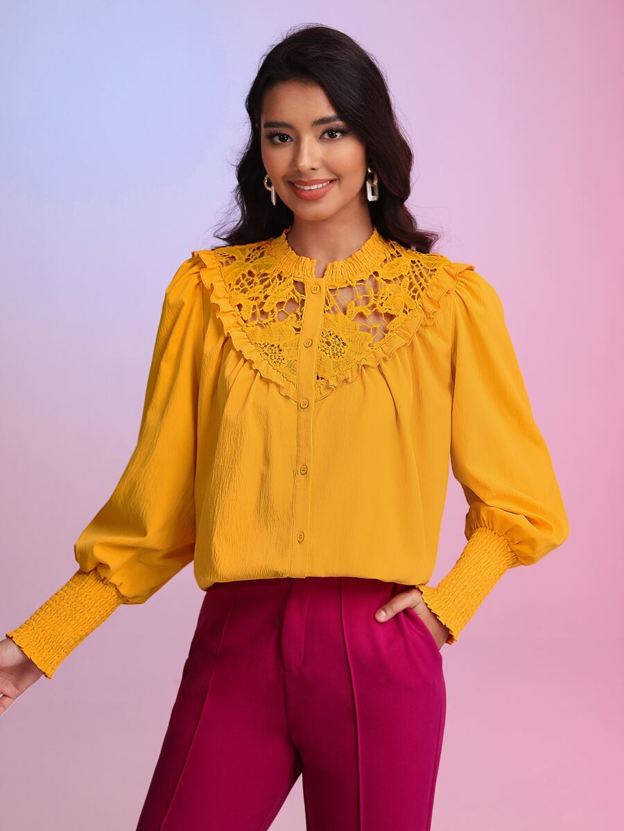 SHEIN Unity Áo sơ mi nữ Nút phía trước Tương phản ren viền lá sen Dải chun màu trơn Thanh lịch - Màu vàng - Xem 1