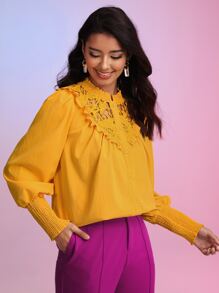 SHEIN Unity Áo sơ mi nữ Nút phía trước Tương phản ren viền lá sen Dải chun màu trơn Thanh lịch - Màu vàng - Xem 5