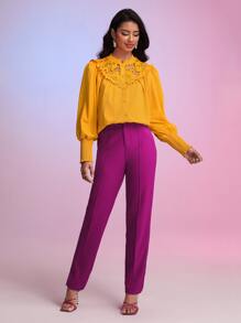 SHEIN Unity Áo sơ mi nữ Nút phía trước Tương phản ren viền lá sen Dải chun màu trơn Thanh lịch - Màu vàng - Xem 6