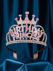 生日女孩水鑽頭飾，女士頭飾，生日裝飾女孩，閃光水晶髮飾，帶梳子的水鑽頭帶 - 玫瑰金 - 查看 1