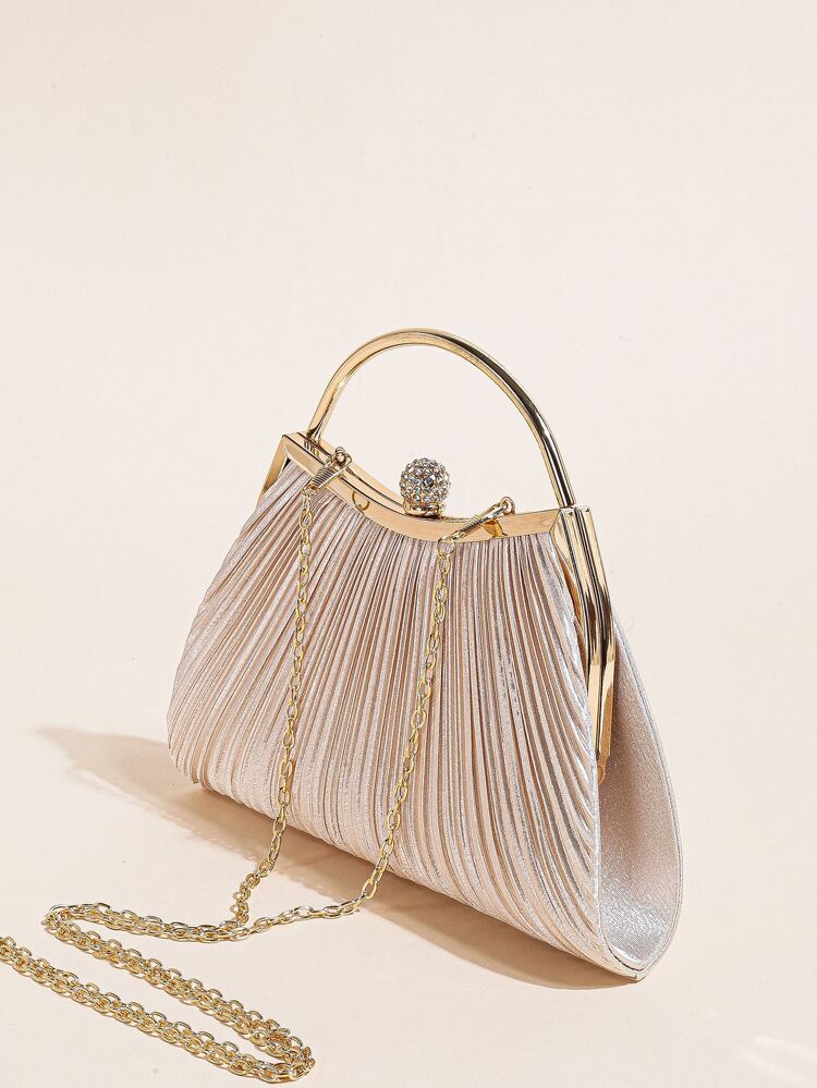 1 PC Ruched Evening Bag For Women, Elegant Pleated Kiss-Lock Closure Evening Bag,Shinny Metal Holder Frame Cross Body Clutch Bag,Kiss Lock Dinner Bag,Perfect Clutch For Party,Wedding And Banquet,Exquisite Patent Square Evening Bag For Party Dinner, Clutch Bag For Wedding