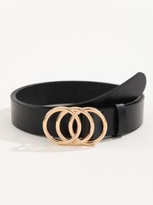 1pc Women's Gold-Color Triple Ring Buckle Casual, Fashionable Waist Belt, Suitable For Various Occasions Like Business, Gatherings, Parties - Black - View 3