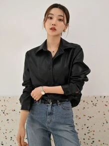 DAZY Button Front PU Leather Coat - Black - View 3