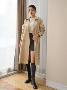 DAZY 双排扣插肩袖肩章设计系带风衣冬季 - 卡其色 - 查看 1