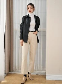 DAZY Button Front PU Leather Coat - Black - View 5