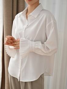 DAZY Pleated Cuff Drop Shoulder Shirt,Long Sleeve Tops,Fall Clothes Preppy Tops - White - View 5