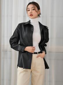 DAZY Button Front PU Leather Coat - Black - View 6