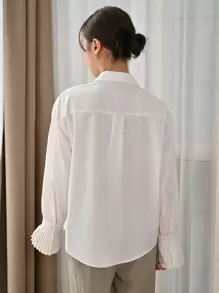 DAZY Pleated Cuff Drop Shoulder Shirt,Long Sleeve Tops,Fall Clothes Preppy Tops - White - View 2