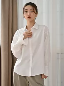 DAZY Pleated Cuff Drop Shoulder Shirt,Long Sleeve Tops,Fall Clothes Preppy Tops - White - View 3