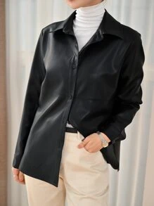 DAZY Button Front PU Leather Coat - Black - View 8