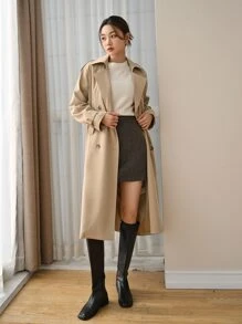 DAZY 双排扣插肩袖肩章设计系带风衣冬季 - 卡其色 - 查看 5