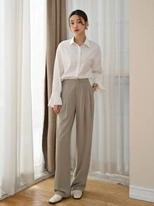 DAZY Pleated Cuff Drop Shoulder Shirt,Long Sleeve Tops,Fall Clothes Preppy Tops - White - View 6