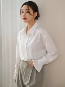 DAZY Pleated Cuff Drop Shoulder Shirt,Long Sleeve Tops,Fall Clothes Preppy Tops - White - View 8