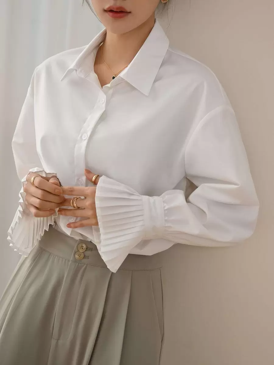 DAZY Pleated Cuff Drop Shoulder Shirt,Long Sleeve Tops,Fall Clothes Preppy Tops - White - View 1