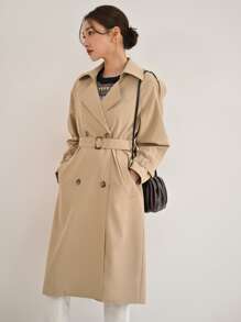 DAZY 双排扣插肩袖肩章设计系带风衣冬季 - 卡其色 - 查看 8