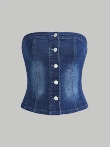 SHEIN MOD 水洗前紐扣抹胸牛仔上衣 - 深色水洗藍 - 查看 2