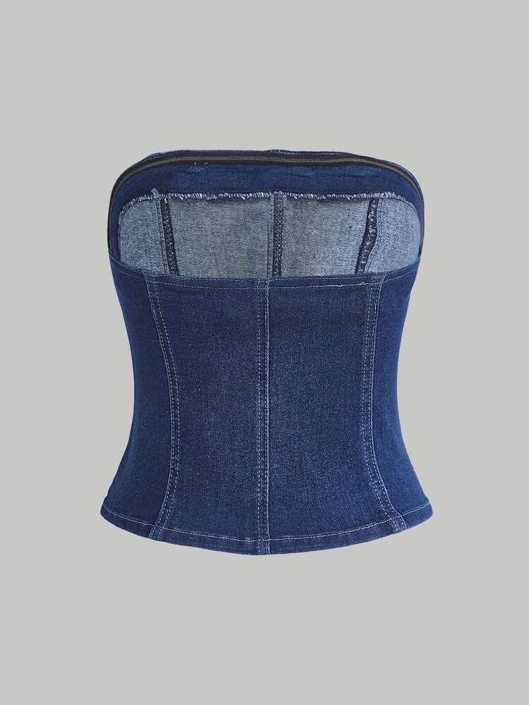 Washed Button Front Tube Denim Top