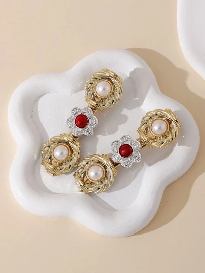 2pcs Faux Pearl & Flower Decor Alligator Hair Clip
