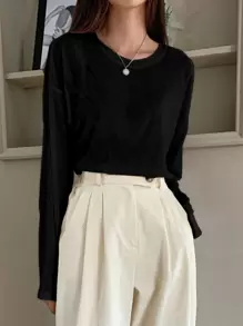 DAZY Solid Drop Shoulder Tee - Black - View 2
