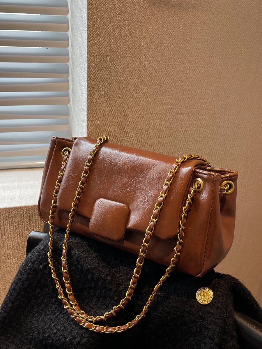 Chain Flap Square Bag - Brown - View 1