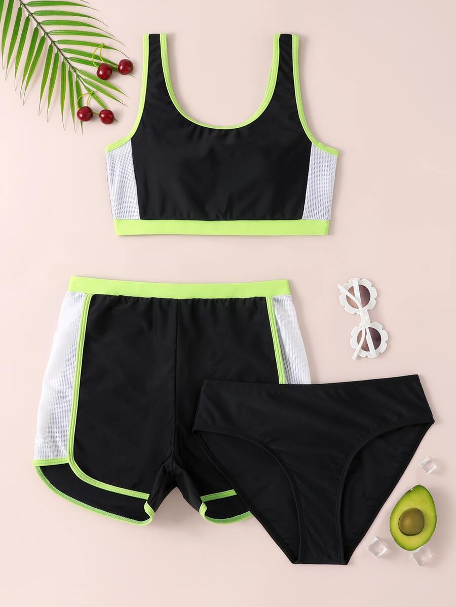 Teen Girls 3packs Color Block Contrast Binding Bikini Set Summer Beach - Black - View 1