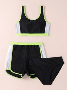 Teen Girls 3packs Color Block Contrast Binding Bikini Set Summer Beach - Black - View 3