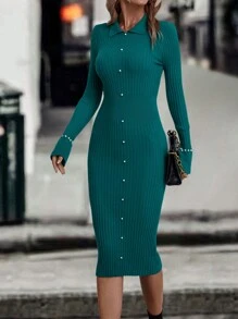 Ribbed Knit Pearls Beaded Jumper Dress - Cadet Blue - View 2