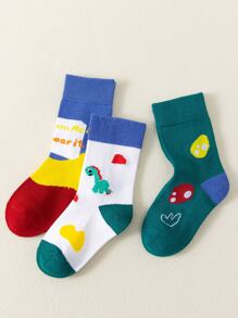 3 Pairs Of Dinosaur Letter Printed Mid-Calf Socks - Multicolor - View 1