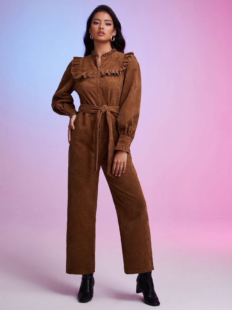 SHEIN Frenchy Ruffle Trim Belted Shirt Jumpsuit - Coffee Brown - View 1