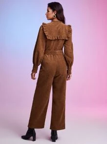 SHEIN Frenchy Ruffle Trim Belted Shirt Jumpsuit - Coffee Brown - View 2