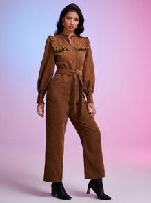 SHEIN Frenchy Ruffle Trim Belted Shirt Jumpsuit - Coffee Brown - View 3