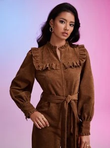 SHEIN Frenchy Ruffle Trim Belted Shirt Jumpsuit - Coffee Brown - View 4