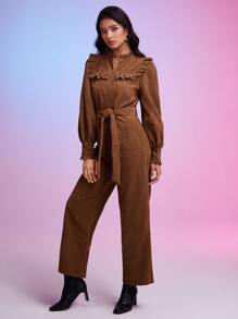 SHEIN Frenchy Ruffle Trim Belted Shirt Jumpsuit - Coffee Brown - View 5