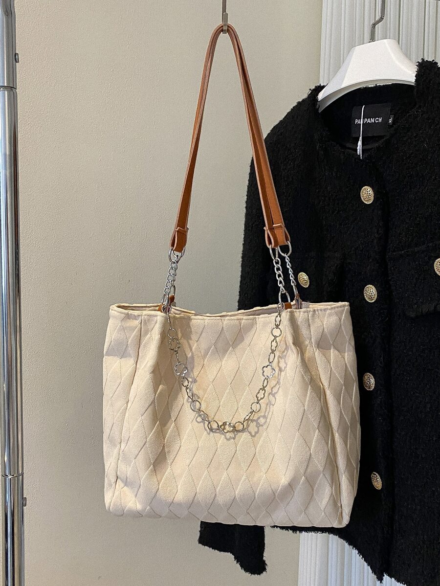 Bolso tote de hombro geométrico con textura de moda con diseño de cadena poliéster - Beis - Ver 1