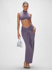 SHEIN BAE Mock Neck Crop Tank Top & Ruched Skirt - Mauve Purple - View 1