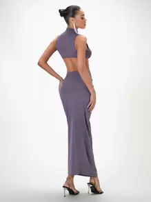 SHEIN BAE Mock Neck Crop Tank Top & Ruched Skirt - Mauve Purple - View 2