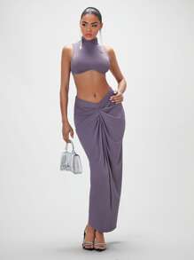 SHEIN BAE Mock Neck Crop Tank Top & Ruched Skirt - Mauve Purple - View 5