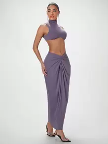 SHEIN BAE Mock Neck Crop Tank Top & Ruched Skirt - Mauve Purple - View 6