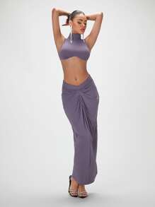SHEIN BAE Mock Neck Crop Tank Top & Ruched Skirt - Mauve Purple - View 7